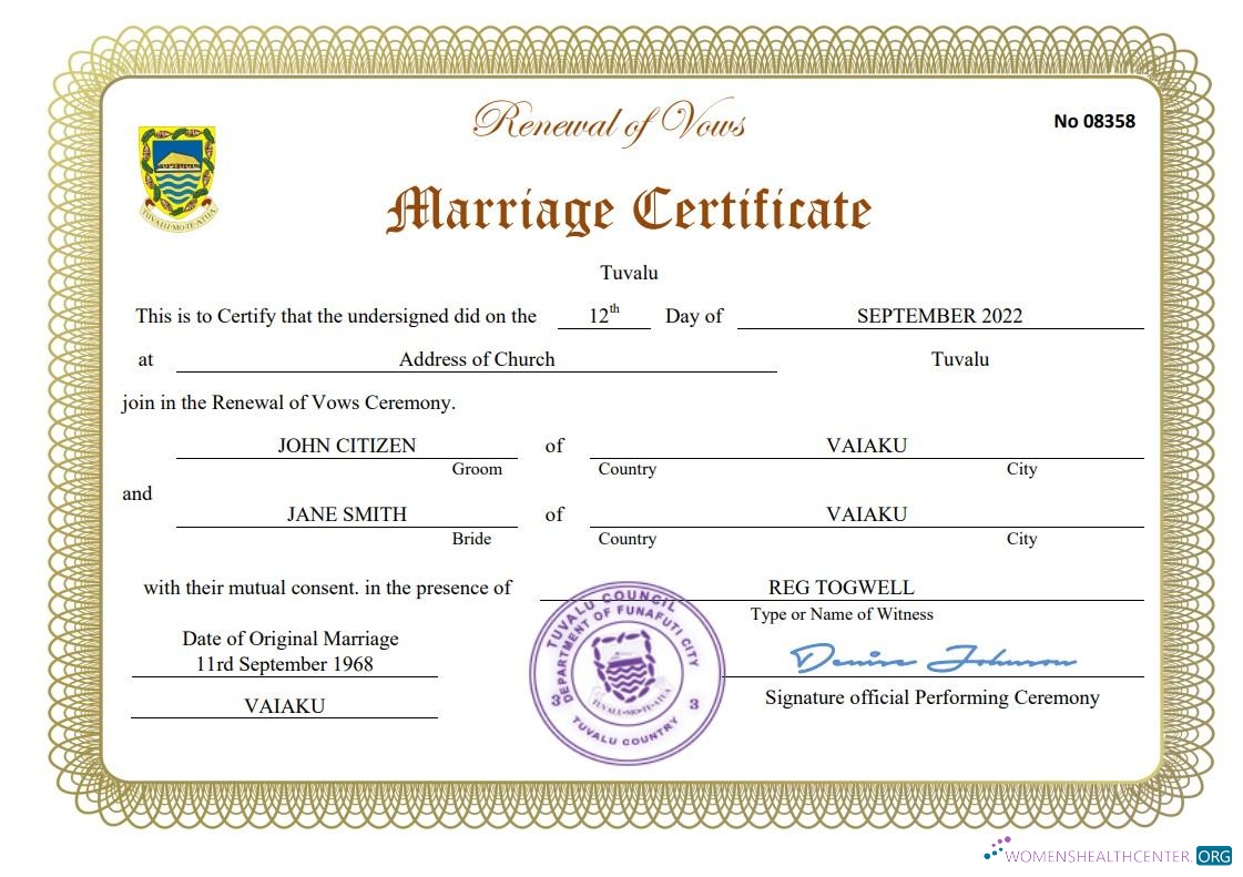 Download Tuvalu marriage certificate Word and PDF template Photoshop template
